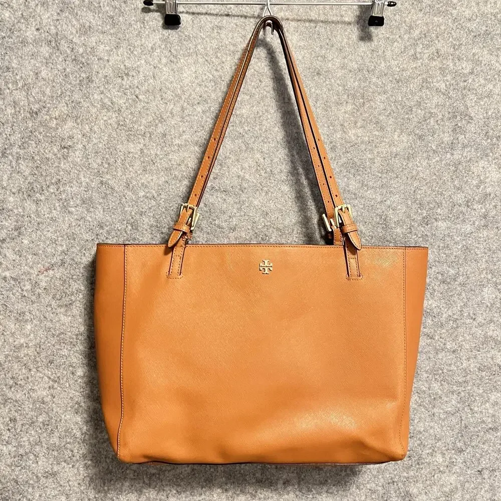 Tory Burch Bag Womens Size Large Brown Leather Tote Shoulder Purse Zip Logo
